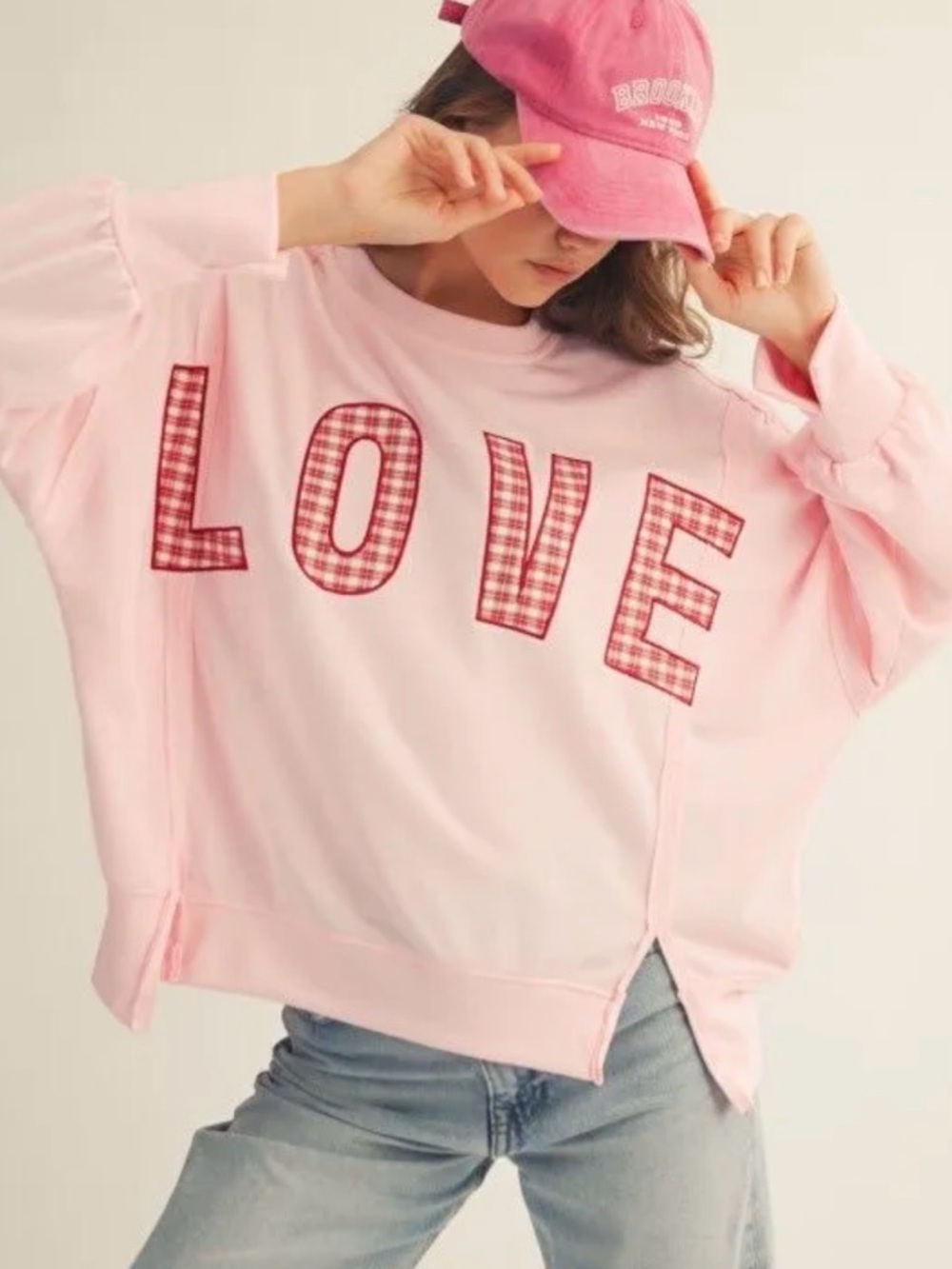 Pink LOVE Embroidered Patch Pullover Sweatshirt